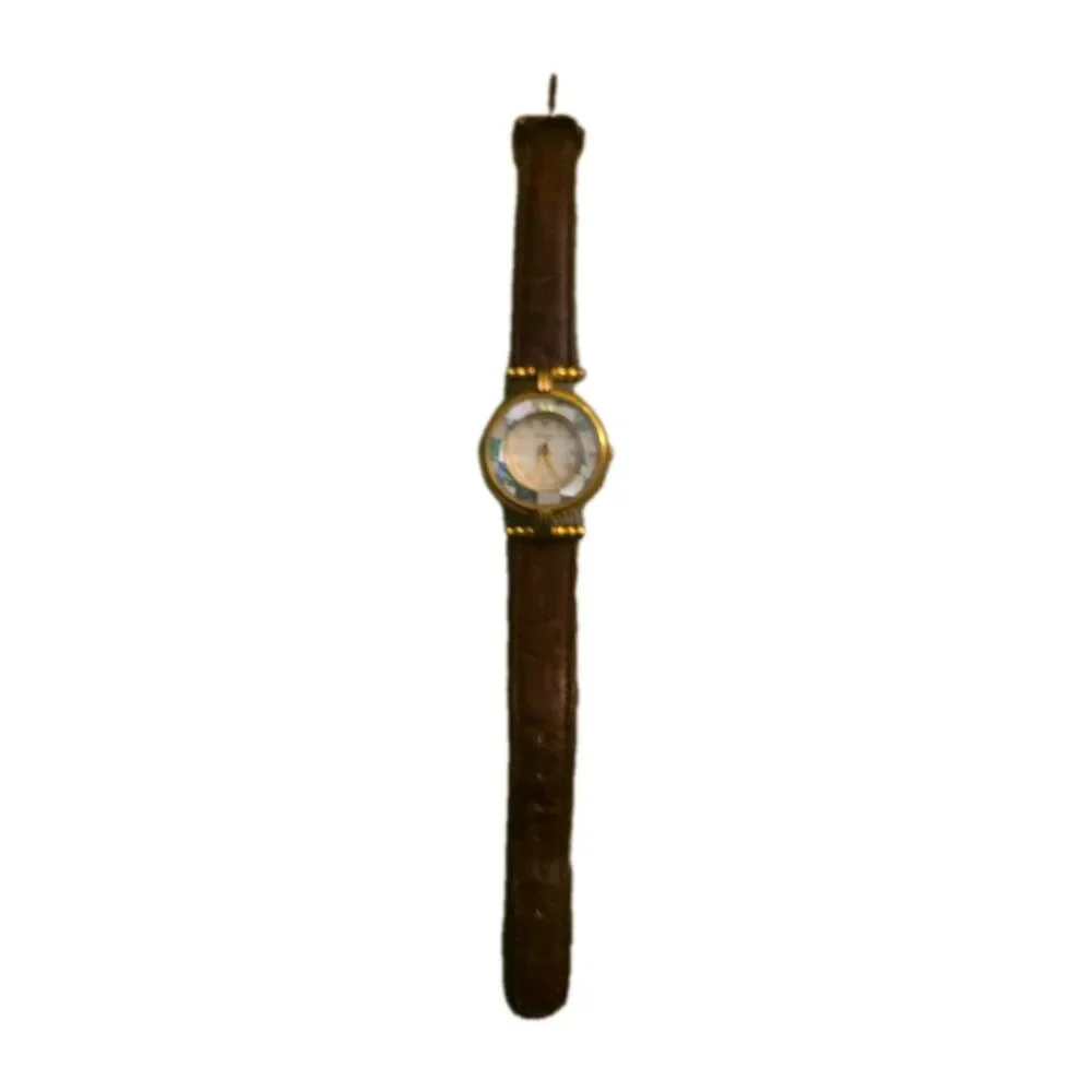 Vintage Fossil Women's Watch Gold Tone Abalone Mother of Pearl Dial Brown...